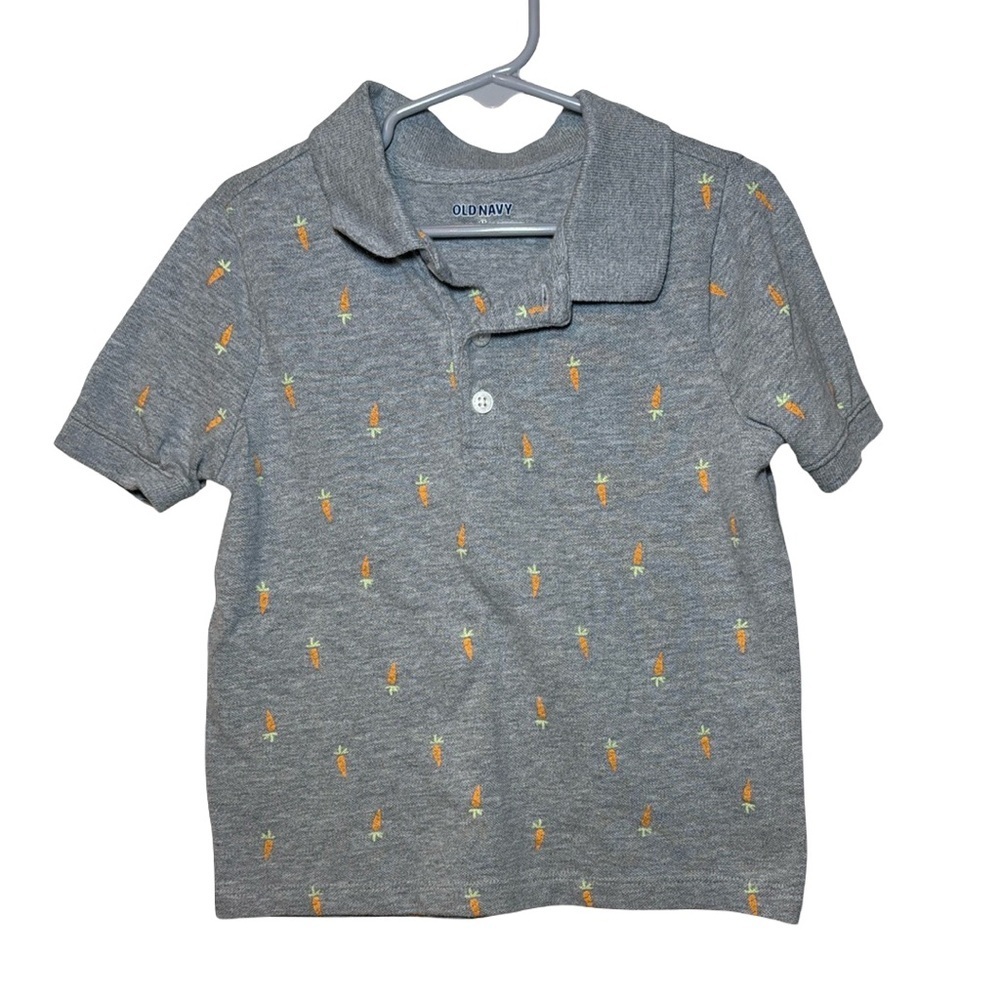 Old Navy Toddler Boys Short Sleeve Pique Polo Shirt Grey with Carrot Print 4T